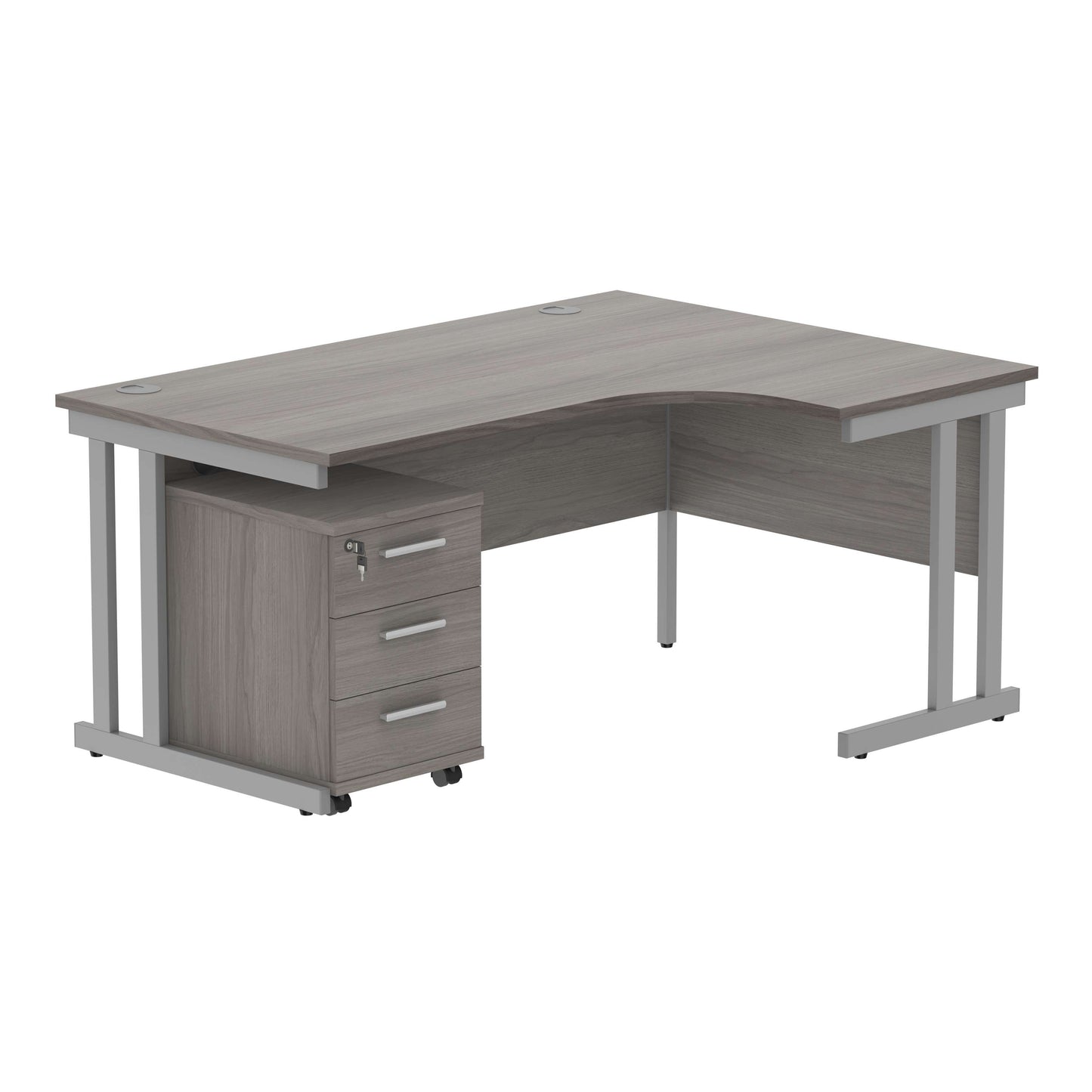 Double Upright Right Hand Radial Desk + 3 Drawer Mobile Under Desk Pedestal (FSC) | 1600X1200 | Alaskan Grey Oak/Silver
