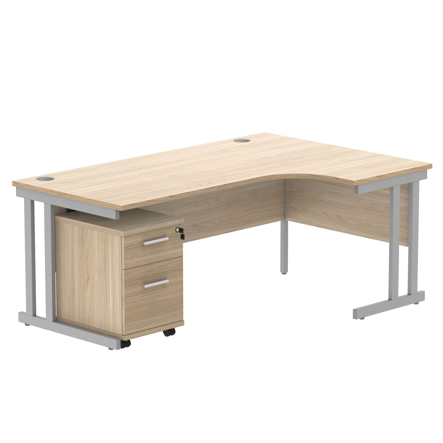 Double Upright Right Hand Radial Desk + 2 Drawer Mobile Under Desk Pedestal (FSC) | 1800X1200 | Canadian Oak/Silver