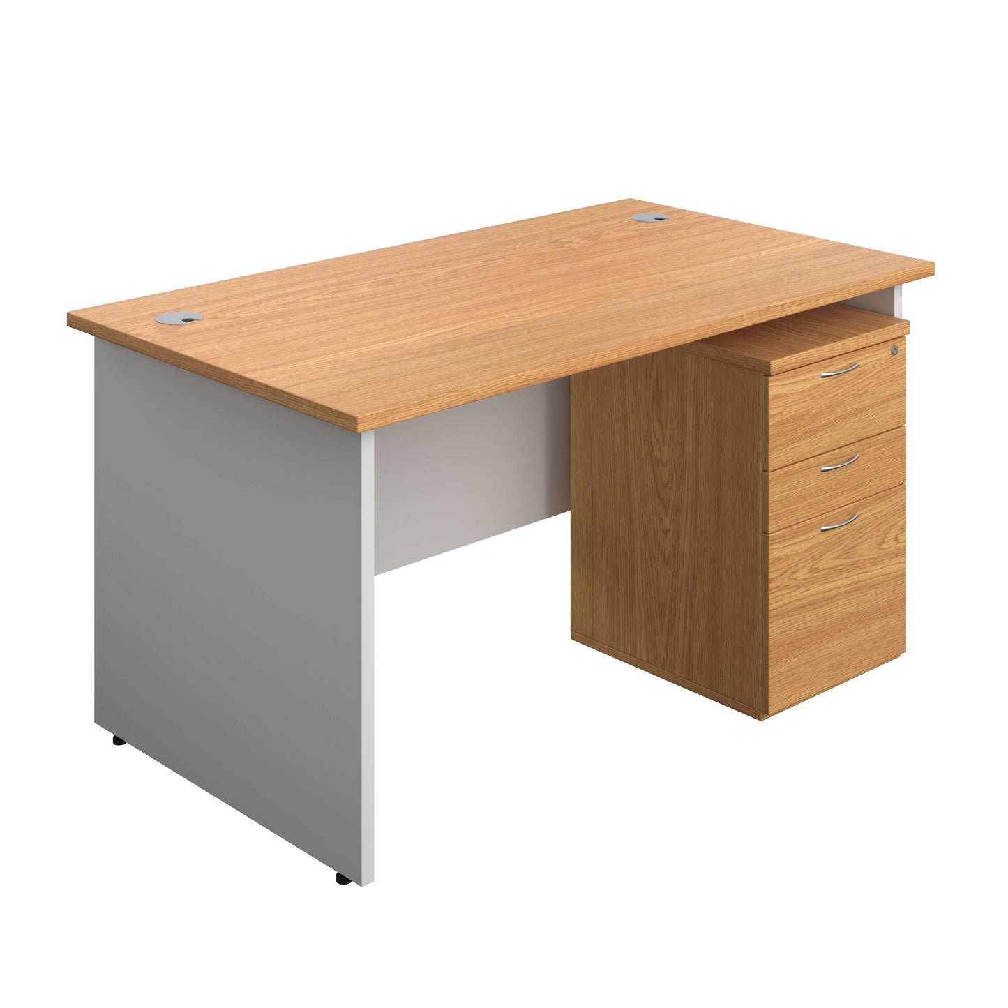 Panel Plus Rectangular Desk + 3 Drawer High Mobile Pedestal Bundle (FSC) | 1400X800 | Nova Oak/White