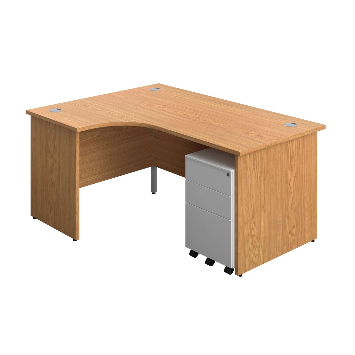 Panel Left Hand Radial Desk + 3 Drawer Steel Mobile Pedestal Bundle (FSC) | 1600X1200 | Nova Oak/White