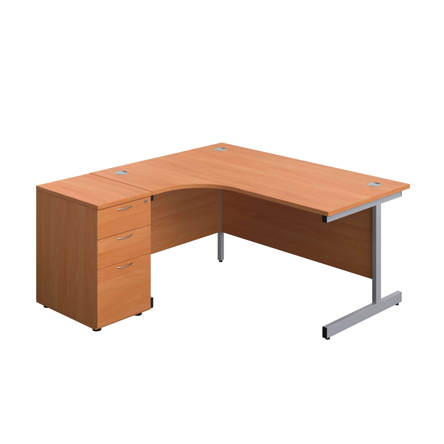 Single Upright Left Hand Radial Desk + Desk High 3 Drawer Pedestal (FSC) | 1600 X 1200 | 600mm Deep Pedestal | Beech/Silver