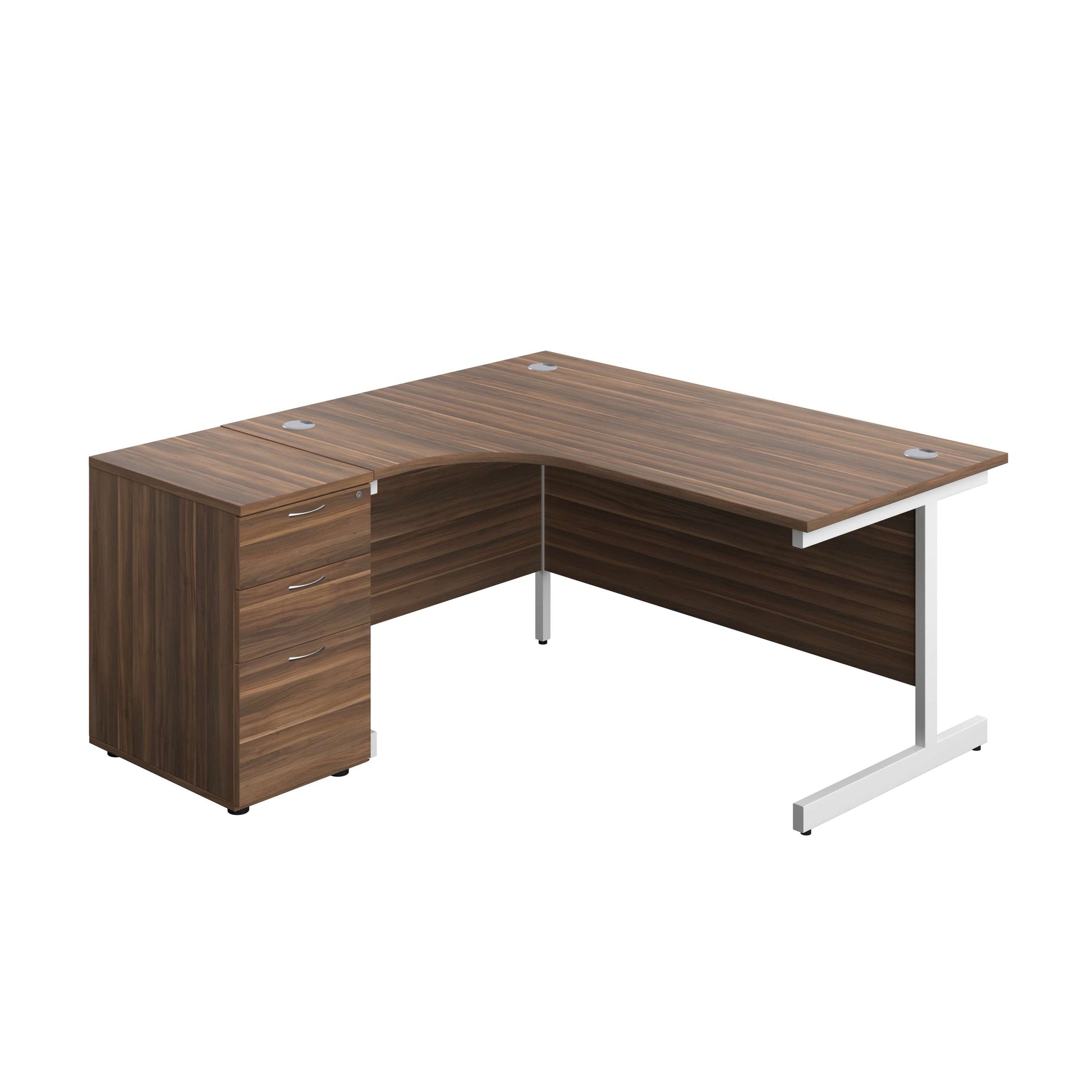 Single Upright Left Hand Radial Desk + Desk High 3 Drawer Pedestal (FSC) | 1600 X 1200 | 600mm Deep Pedestal | Dark Walnut/White