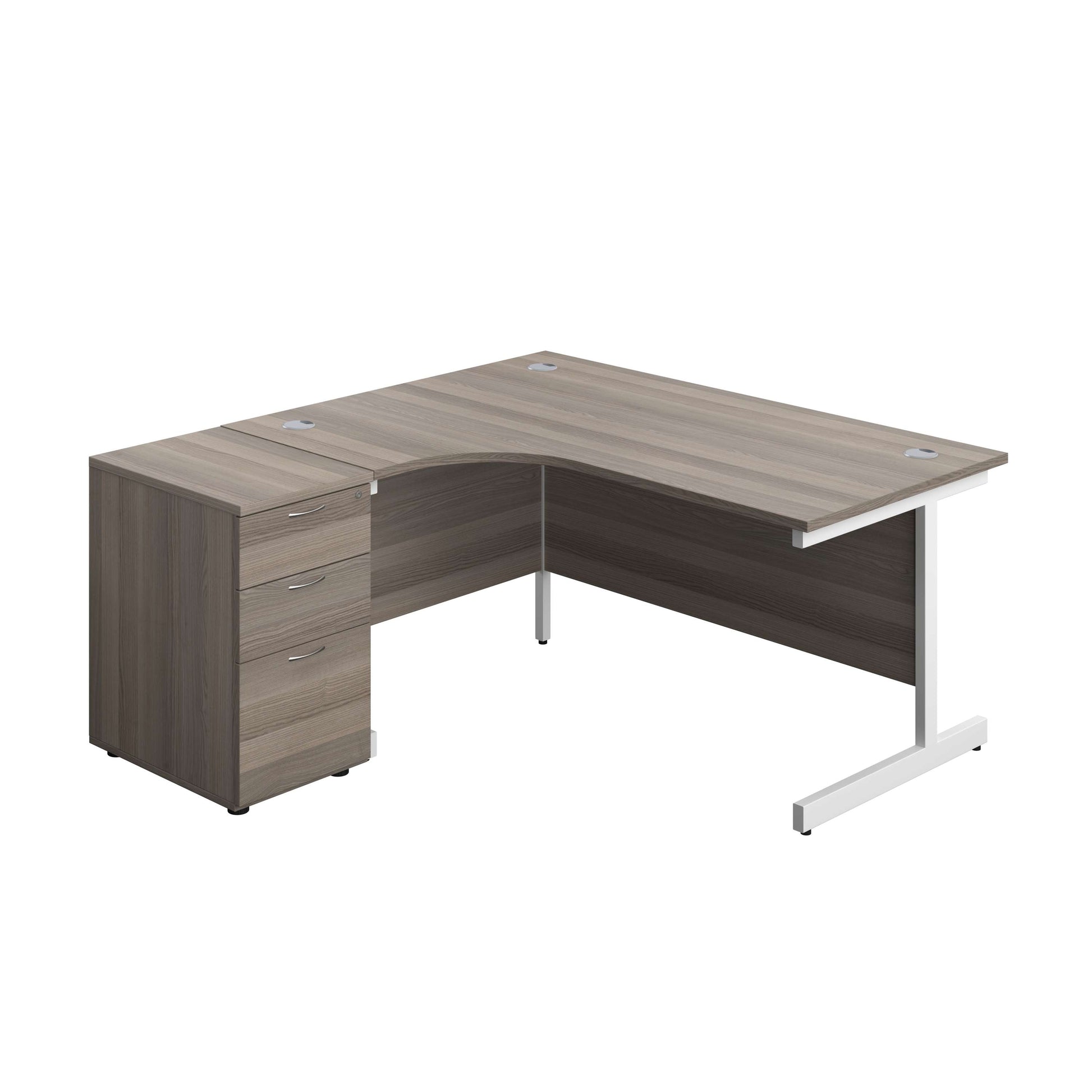 Single Upright Left Hand Radial Desk + Desk High 3 Drawer Pedestal (FSC) | 1600 X 1200 | 600mm Deep Pedestal | Grey Oak/White