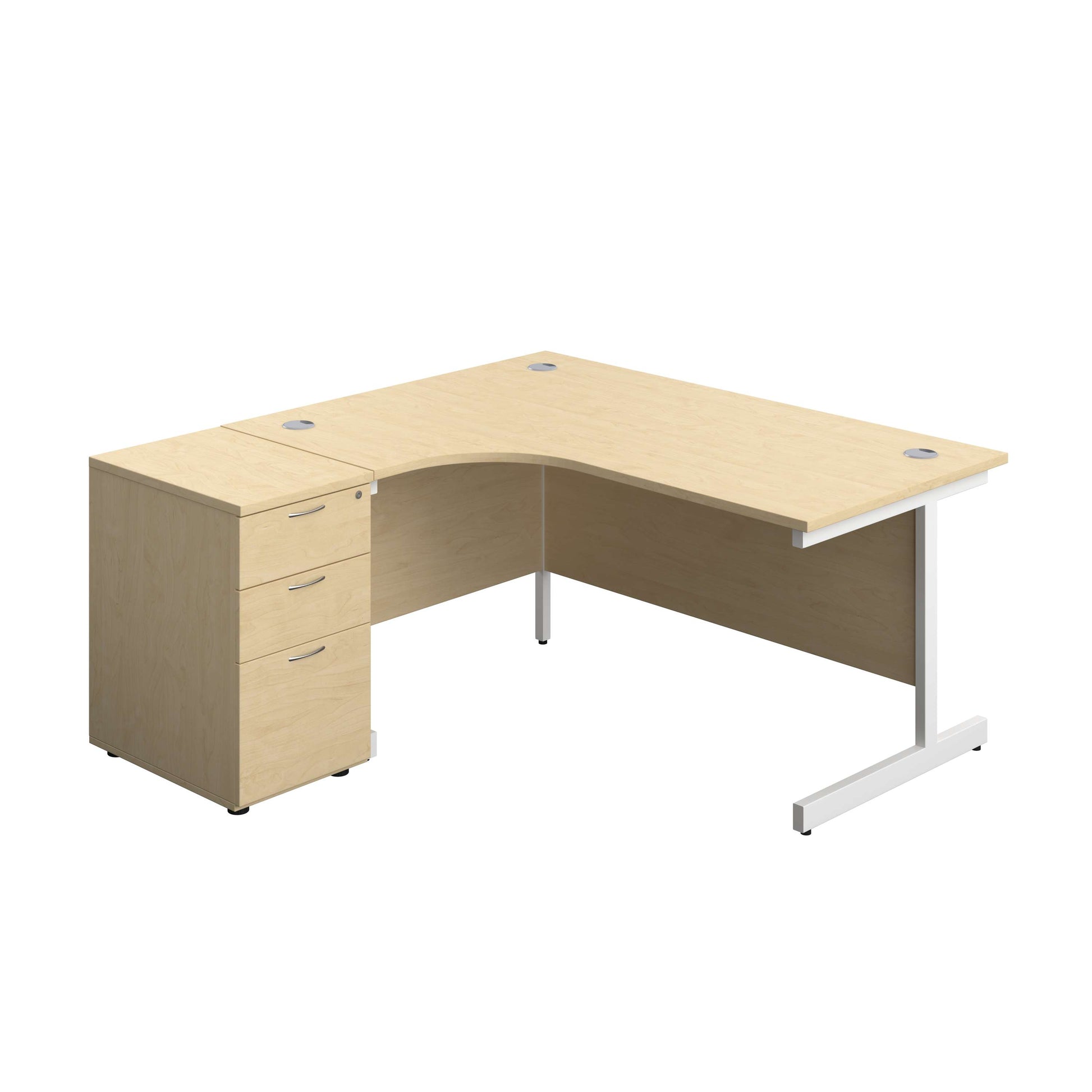 Single Upright Left Hand Radial Desk + Desk High 3 Drawer Pedestal (FSC) | 1600 X 1200 | 600mm Deep Pedestal | Maple/White