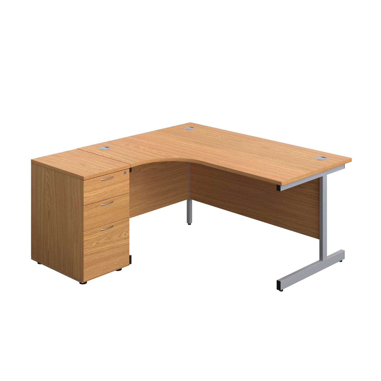 Single Upright Left Hand Radial Desk + Desk High 3 Drawer Pedestal (FSC) | 1600 X 1200 | 600mm Deep Pedestal | Nova Oak/Silver