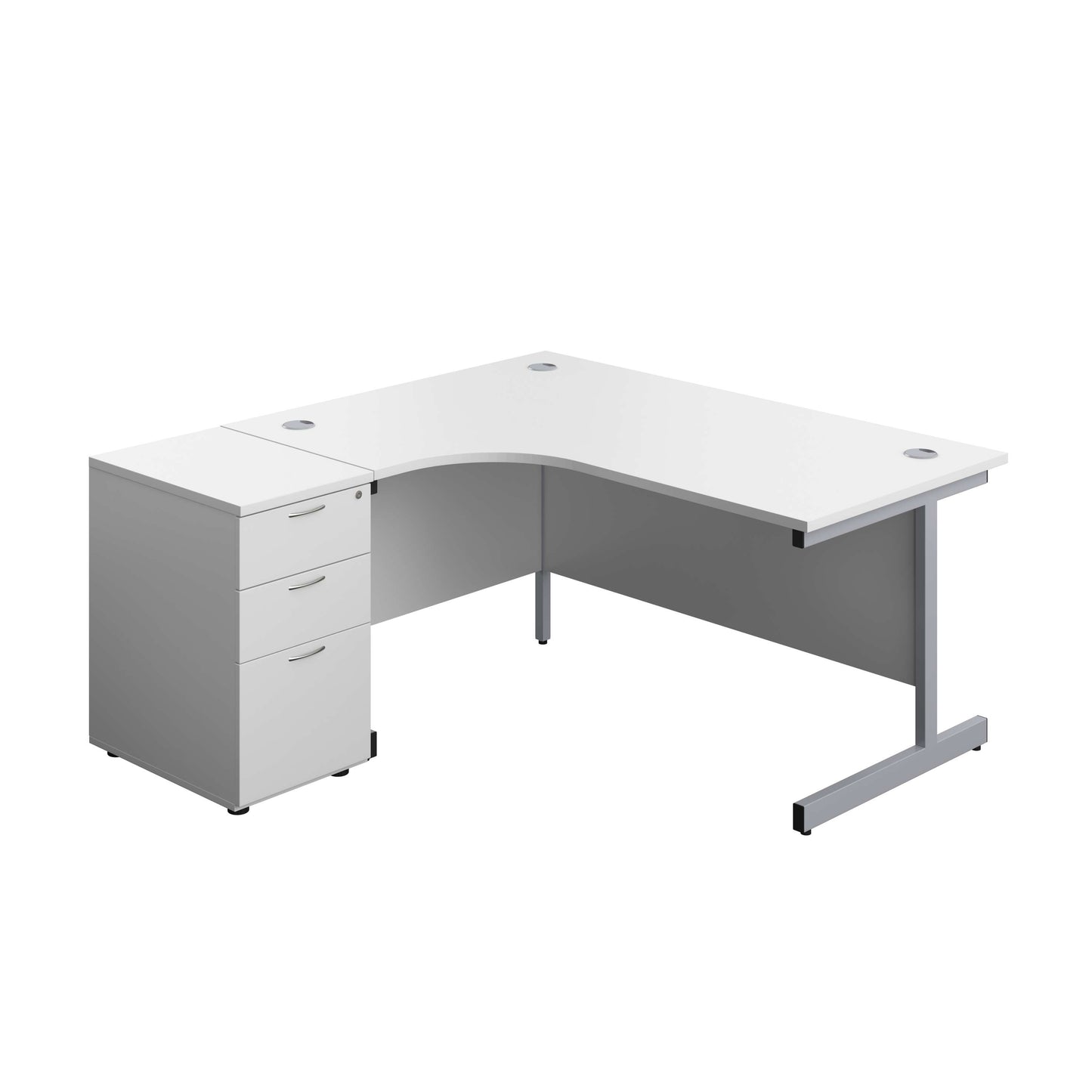 Single Upright Left Hand Radial Desk + Desk High 3 Drawer Pedestal (FSC) | 1600 X 1200 | 600mm Deep Pedestal | White/Silver