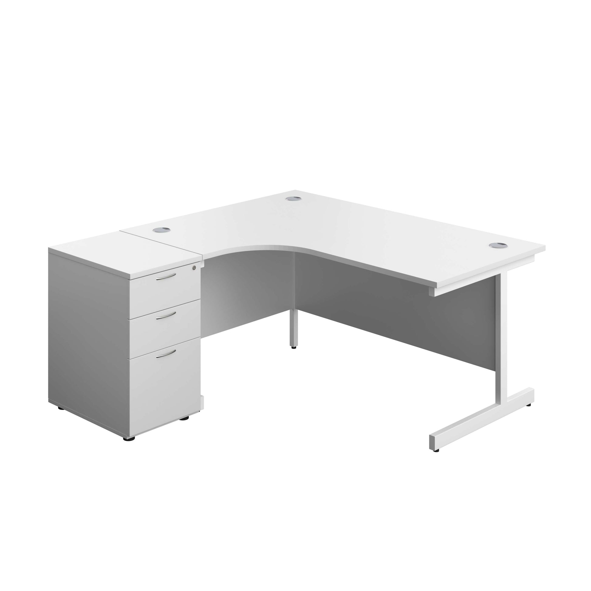 Single Upright Left Hand Radial Desk + Desk High 3 Drawer Pedestal (FSC) | 1600 X 1200 | 600mm Deep Pedestal | White/White