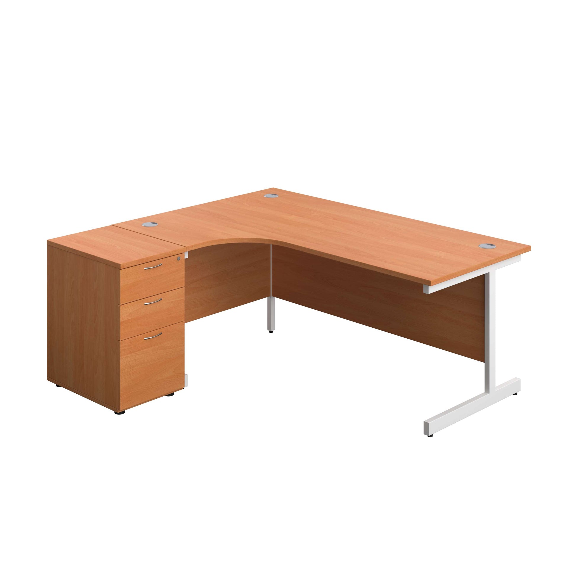 Single Upright Left Hand Radial Desk + Desk High 3 Drawer Pedestal (FSC) | 1800 X 1200 | 600mm Deep Pedestal | Beech/White