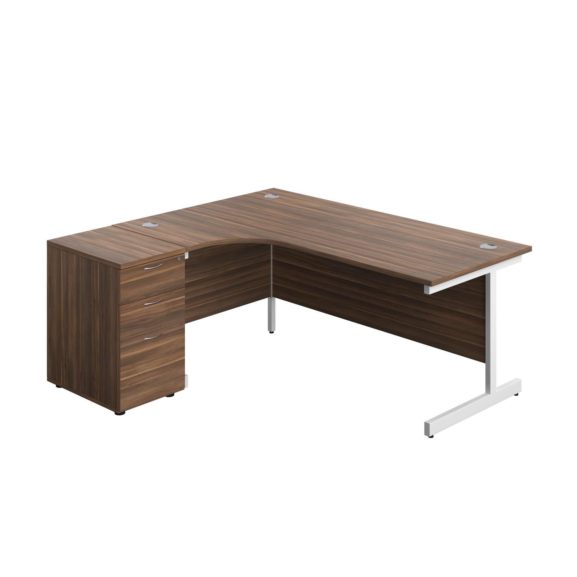 Single Upright Left Hand Radial Desk + Desk High 3 Drawer Pedestal (FSC) | 1800 X 1200 | 600mm Deep Pedestal | Dark Walnut/White