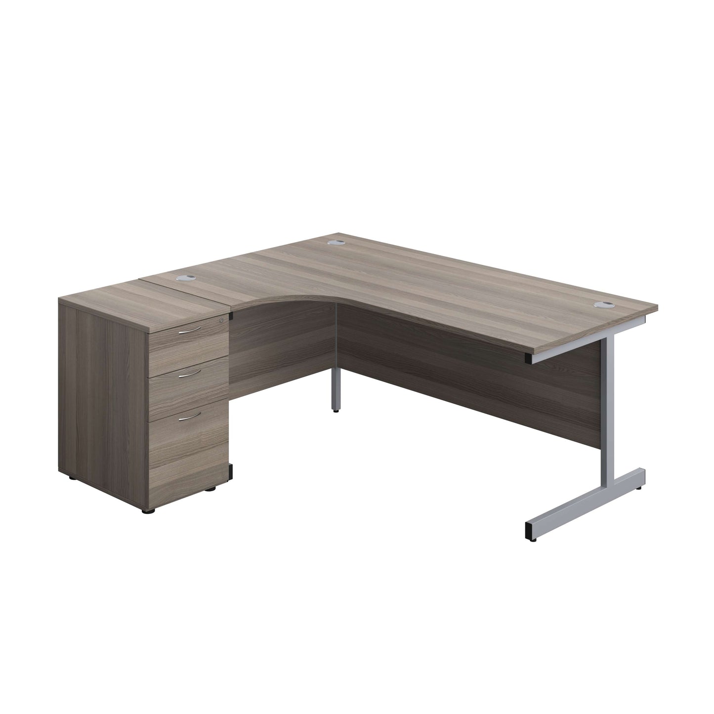 Single Upright Left Hand Radial Desk + Desk High 3 Drawer Pedestal (FSC) | 1800 X 1200 | 600mm Deep Pedestal | Grey Oak/Silver