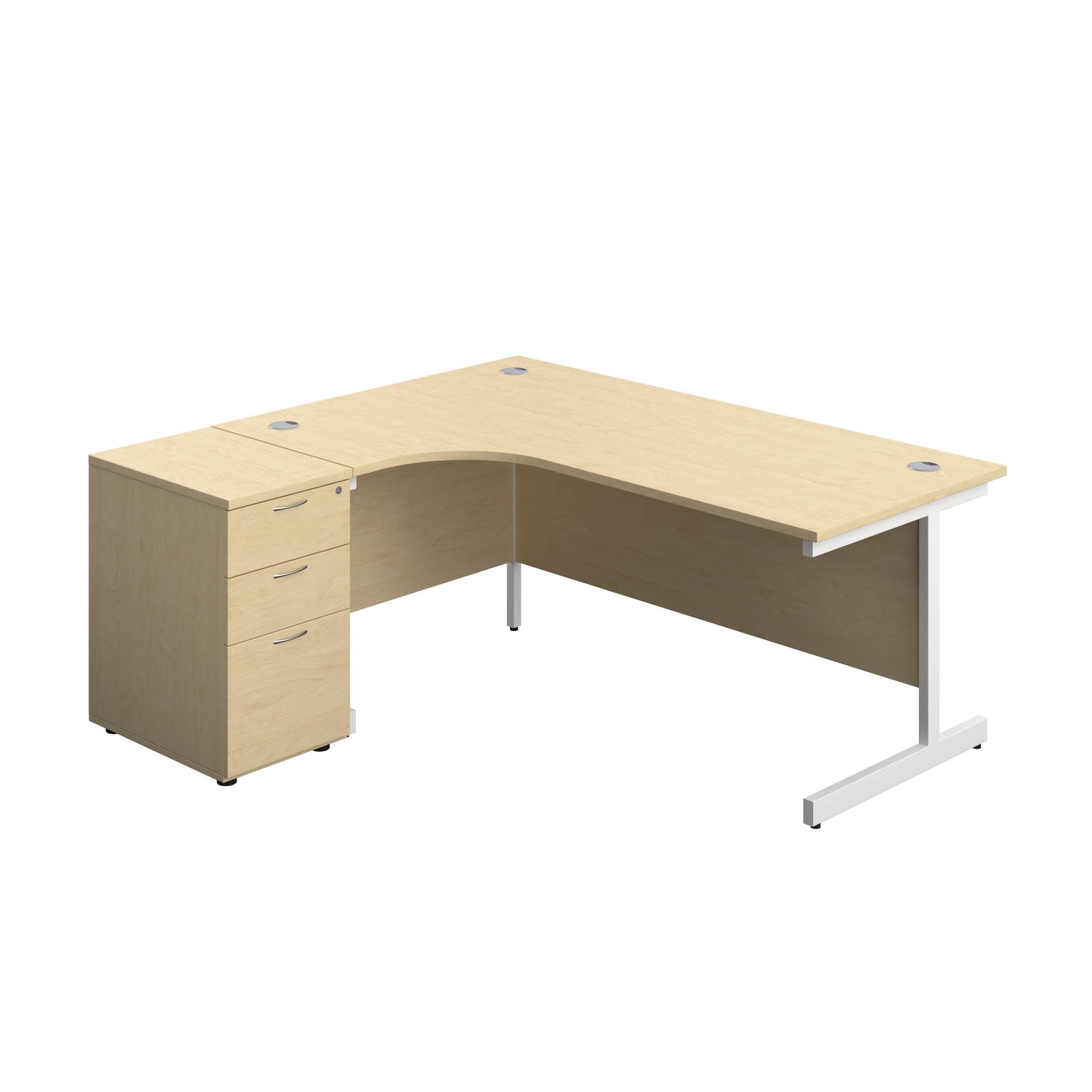 Single Upright Left Hand Radial Desk + Desk High 3 Drawer Pedestal (FSC) | 1800 X 1200 | 600mm Deep Pedestal | Maple/White