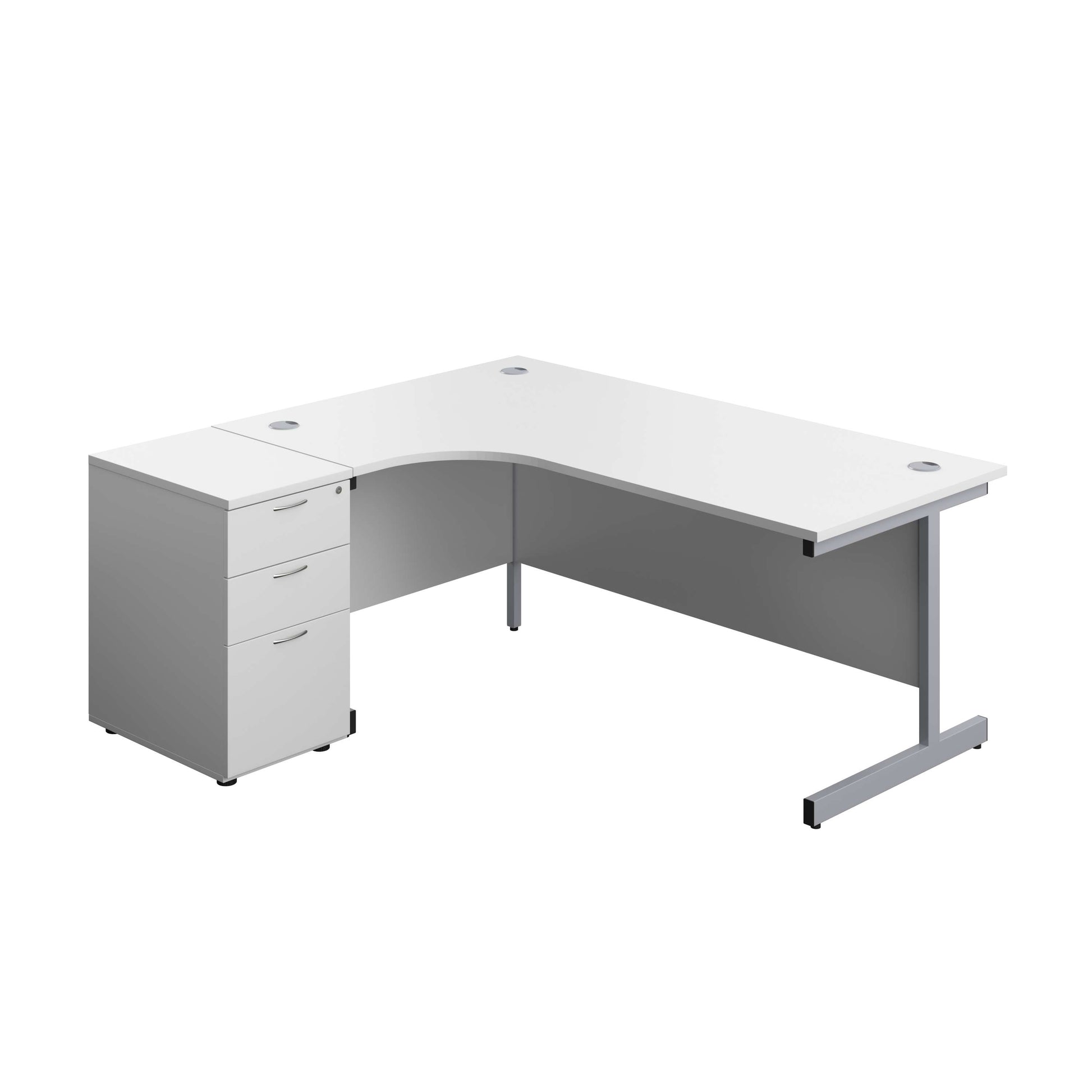 Single Upright Left Hand Radial Desk + Desk High 3 Drawer Pedestal (FSC) | 1800 X 1200 | 600mm Deep Pedestal | White/Silver