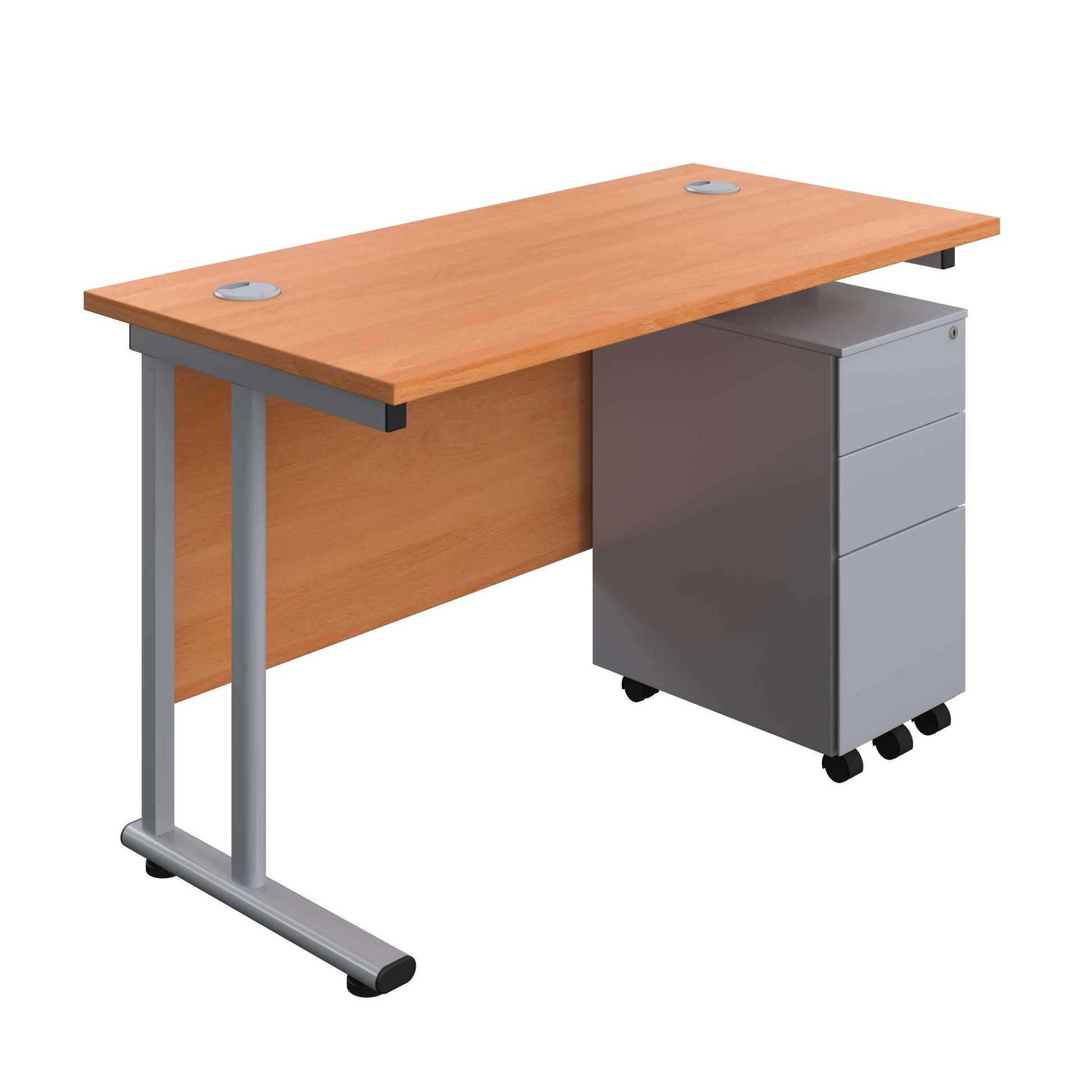 Twin Upright Rectangular Desk + Slimline Steel Pedestal 3 Drawers (FSC) | 1200X600 | Beech/Silver