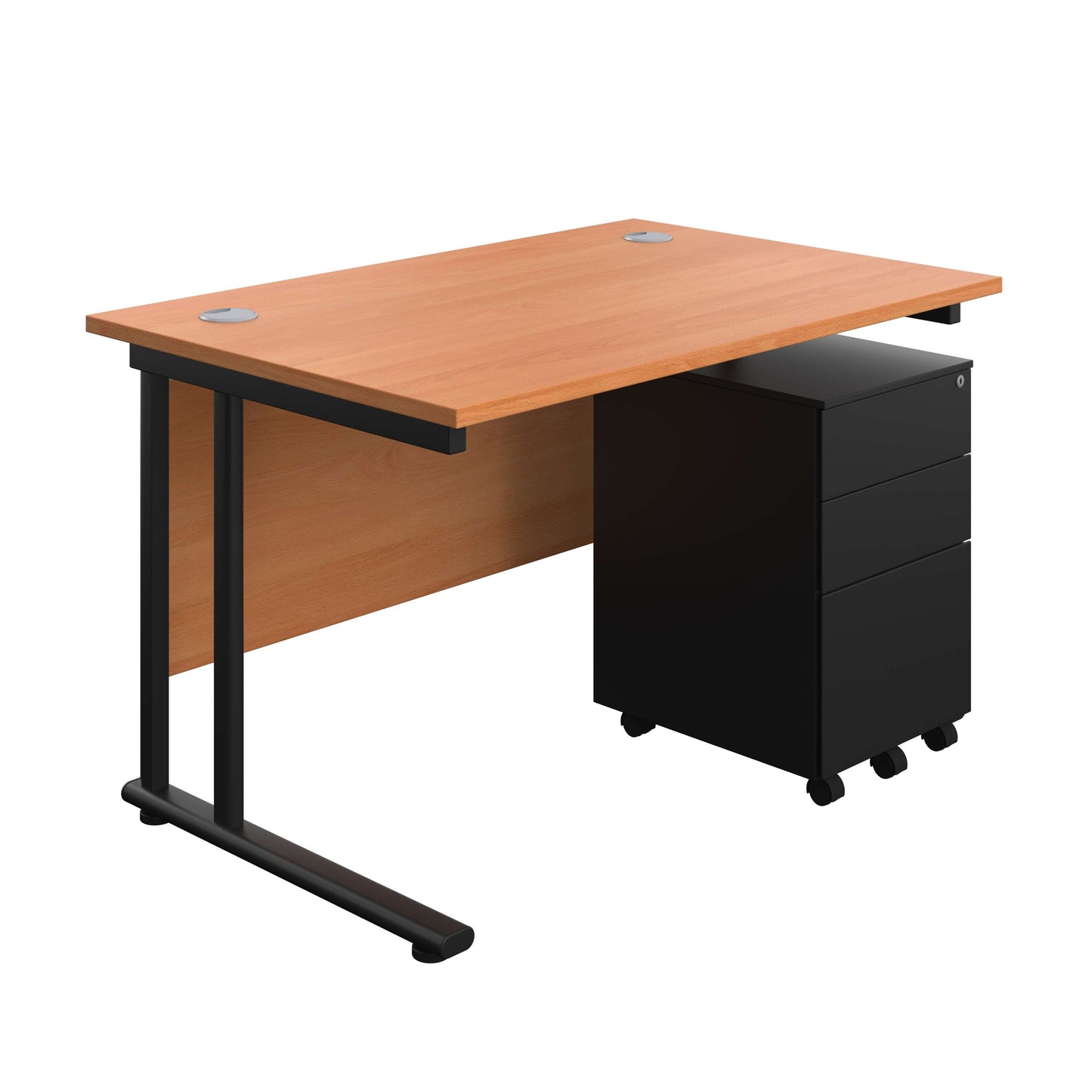 Twin Upright Rectangular Desk + Under Desk Steel Pedestal 3 Drawers (FSC) | 1200X800 | Beech/Black