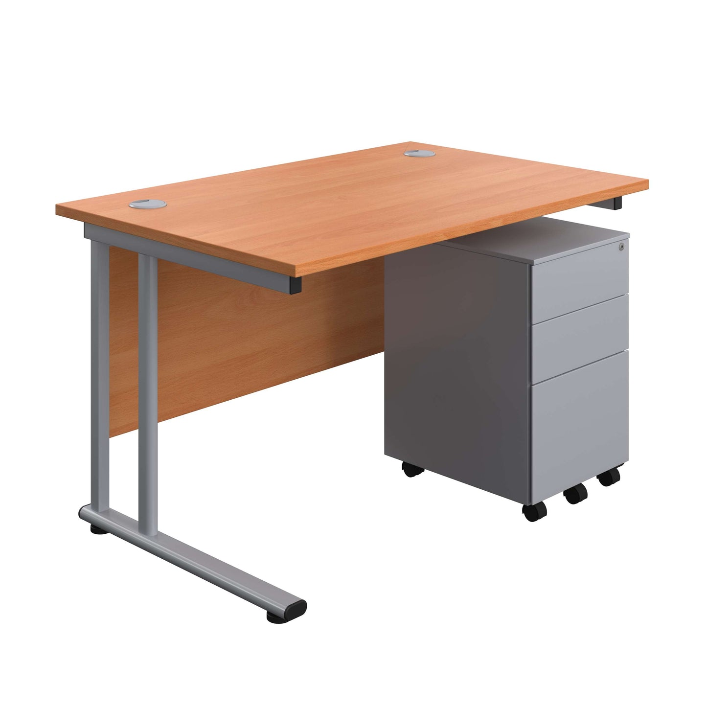 Twin Upright Rectangular Desk + Under Desk Steel Pedestal 3 Drawers (FSC) | 1200X800 | Beech/Silver