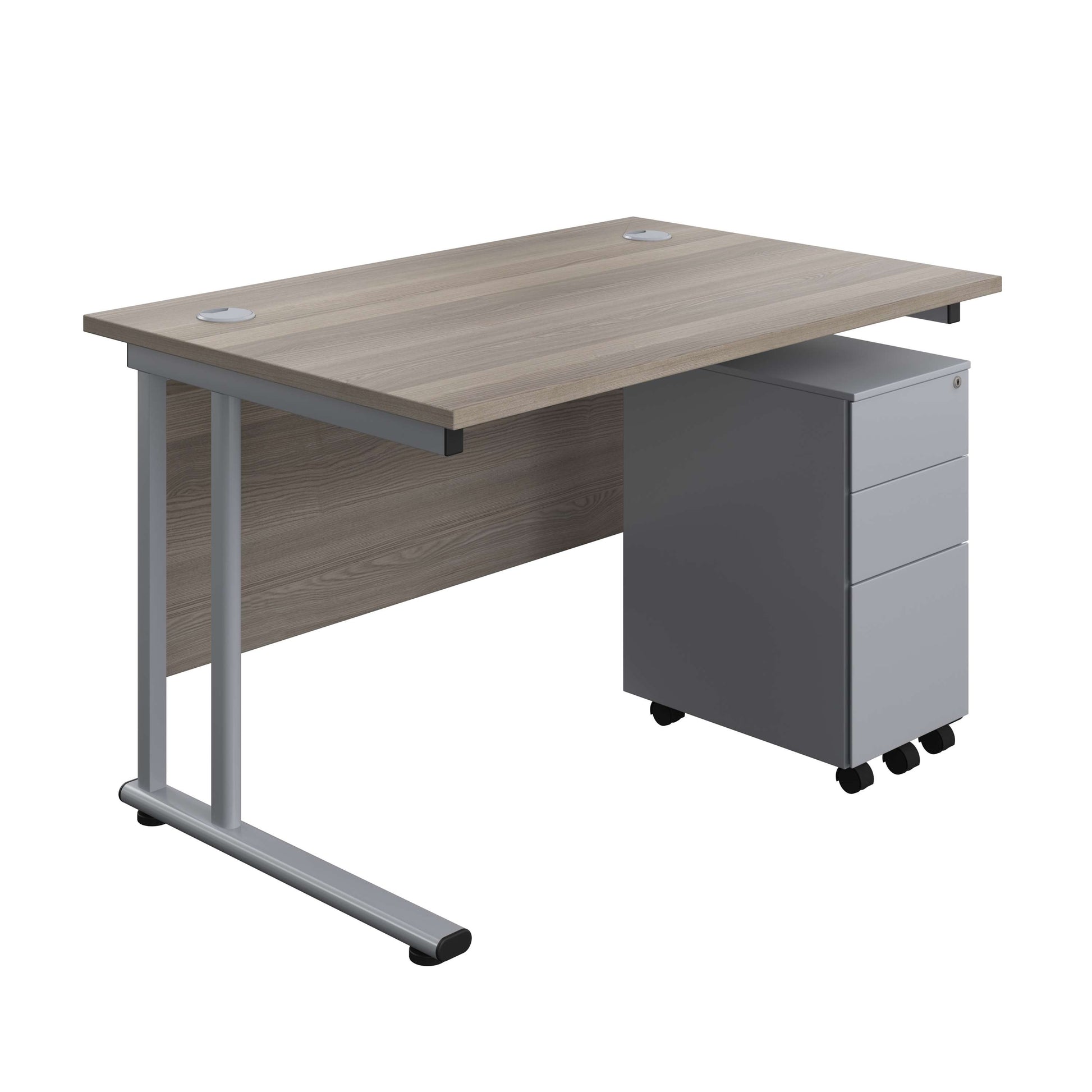Twin Upright Rectangular Desk + Slimline Steel Pedestal 3 Drawers (FSC) | 1200X800 | Grey Oak/Silver