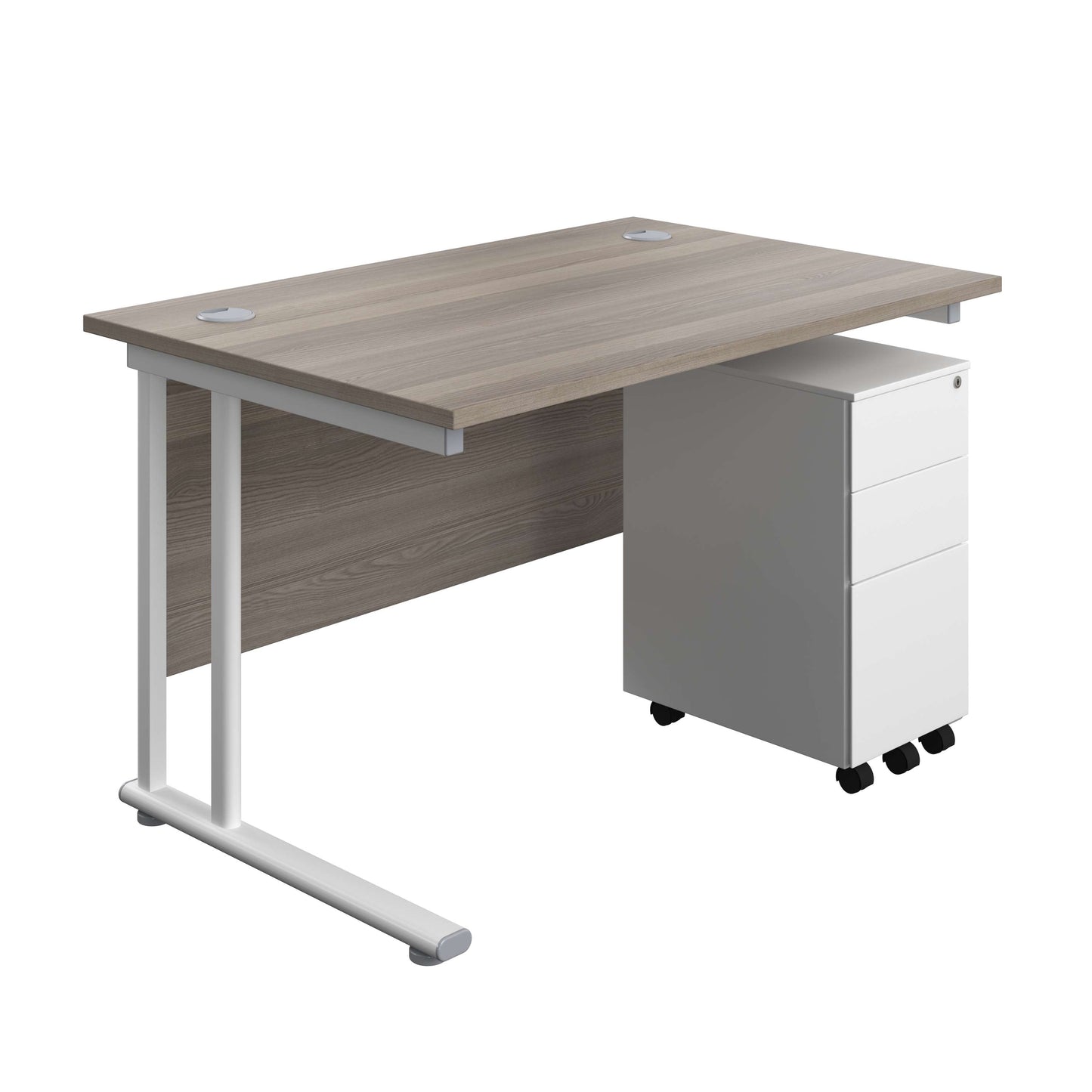 Twin Upright Rectangular Desk + Slimline Steel Pedestal 3 Drawers (FSC) | 1200X800 | Grey Oak/White