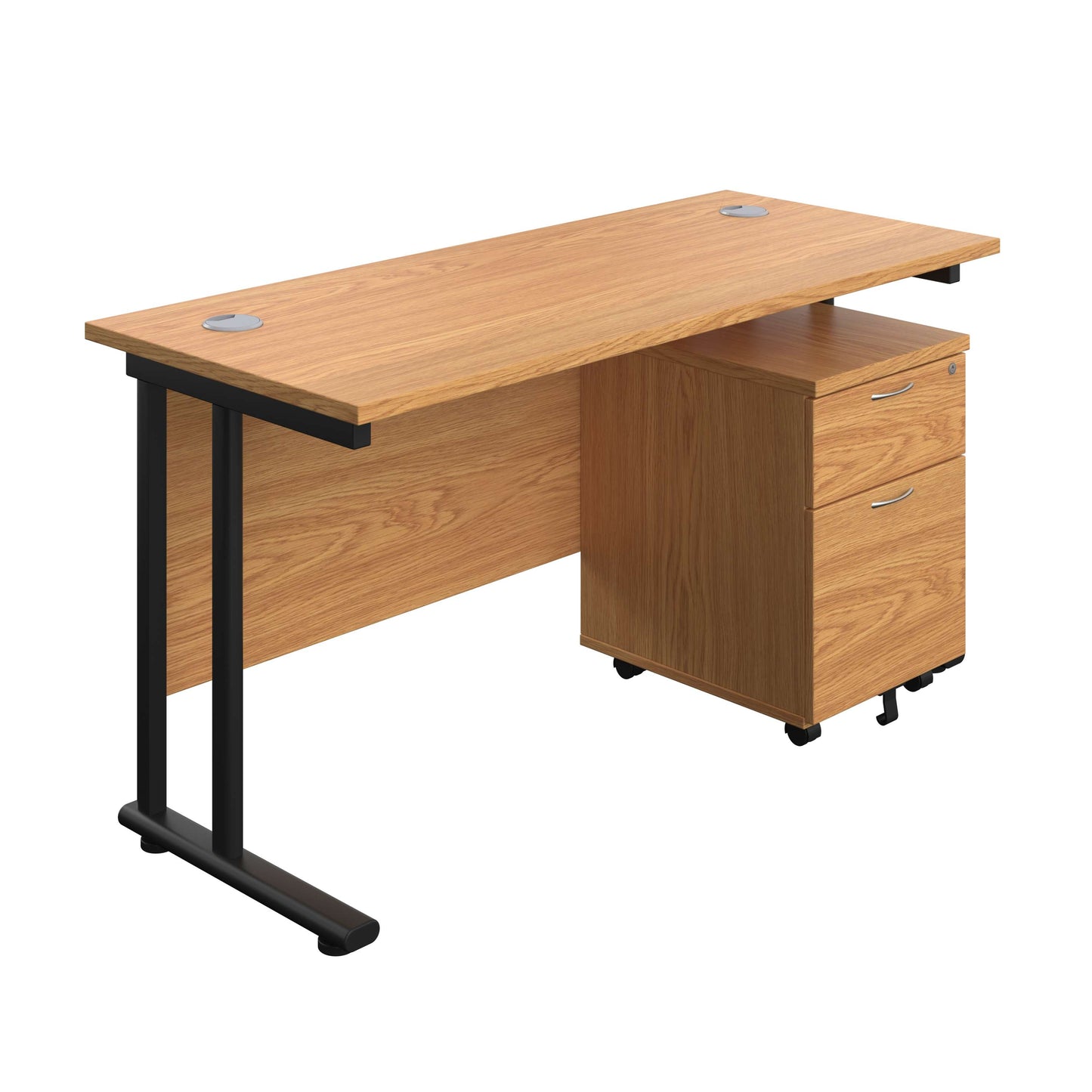 Twin Upright Rectangular Desk + Mobile 2 Drawer Pedestal (FSC) | 1400X600 | Nova Oak/Black