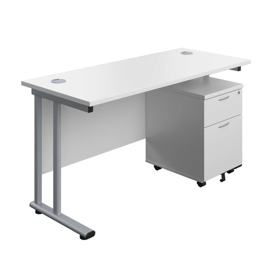 Twin Upright Rectangular Desk + Mobile 2 Drawer Pedestal (FSC) | 1400X600 | White/Silver