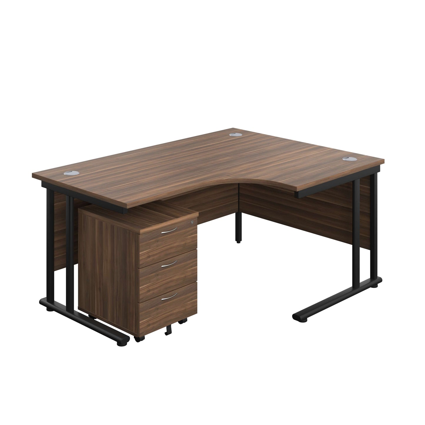 Twin Upright Right Hand Radial Desk + Mobile 3 Drawer Pedestal (FSC) | 1600X1200 | Dark Walnut/Black