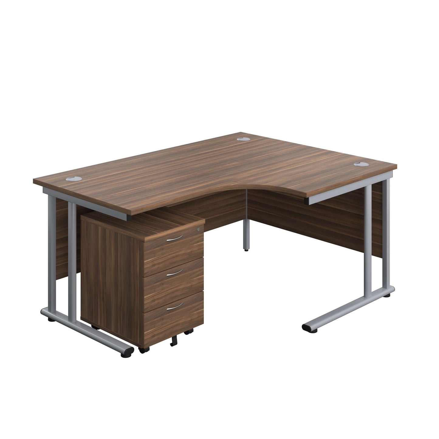 Twin Upright Right Hand Radial Desk + Mobile 3 Drawer Pedestal (FSC) | 1600X1200 | Dark Walnut/Silver