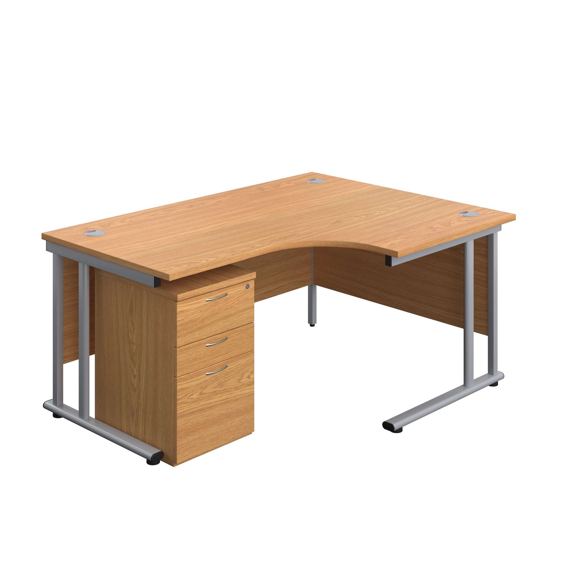 Twin Upright Right Hand Radial Desk + High Mobile Pedestal 3 Drawer (FSC) | 1600X1200 | Nova Oak/Silver