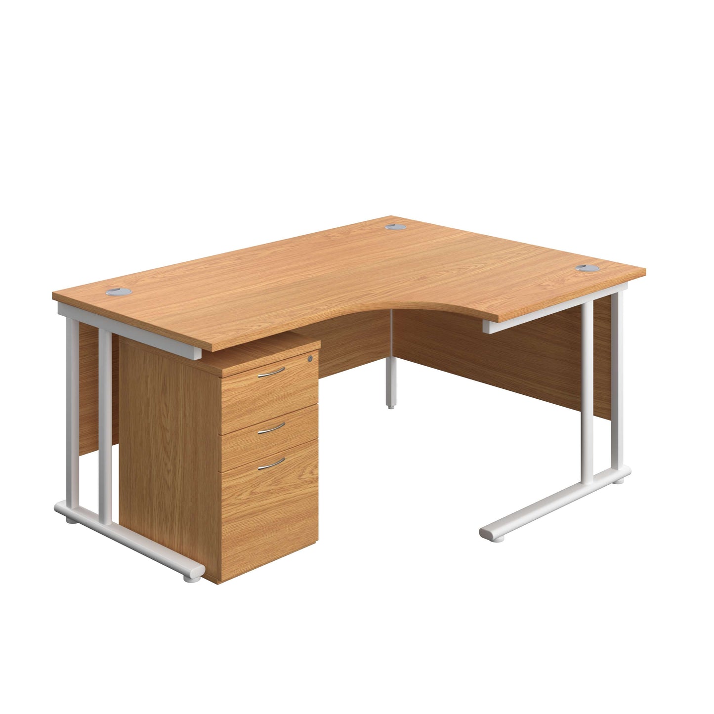 Twin Upright Right Hand Radial Desk + High Mobile Pedestal 3 Drawer (FSC) | 1600X1200 | Nova Oak/White
