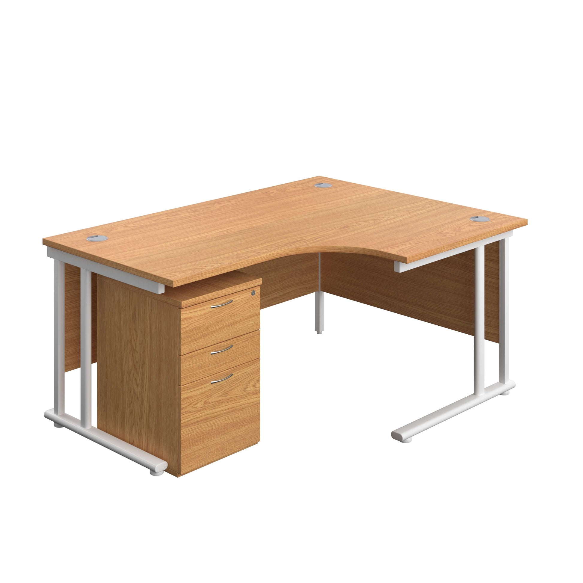 Twin Upright Right Hand Radial Desk + High Mobile Pedestal 3 Drawer (FSC) | 1600X1200 | Nova Oak/White