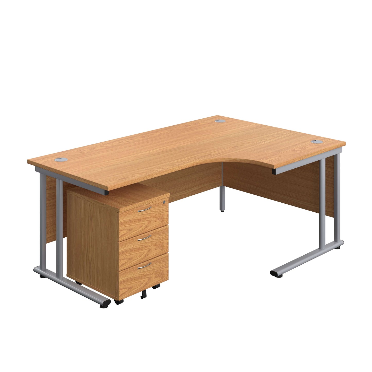 Twin Upright Right Hand Radial Desk + Mobile 3 Drawer Pedestal (FSC) | 1800X1200 | Nova Oak/Silver