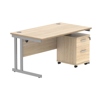 Double Upright Rectangular Desk + 2 Drawer Mobile Under Desk Pedestal (FSC) | 1400X800 | Canadian Oak/Silver