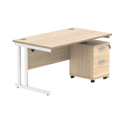 Double Upright Rectangular Desk + 2 Drawer Mobile Under Desk Pedestal (FSC) | 1400X800 | Canadian Oak/White