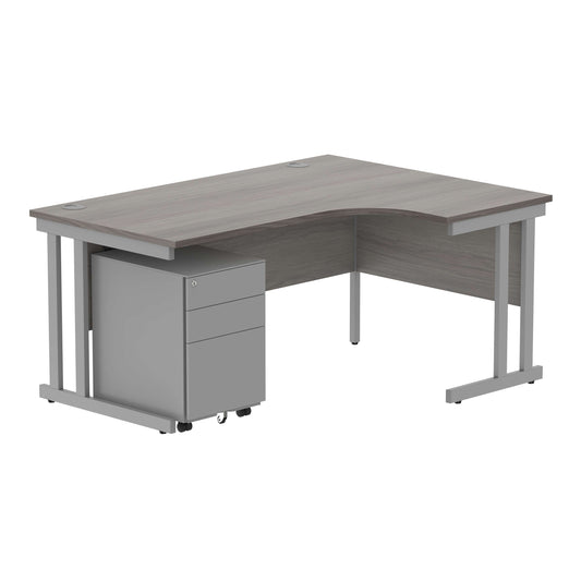 Double Upright Right Hand Radial Desk + Under Desk Steel Pedestal 3 Drawers (FSC) | 1600X1200 | Alaskan Grey Oak/Silver