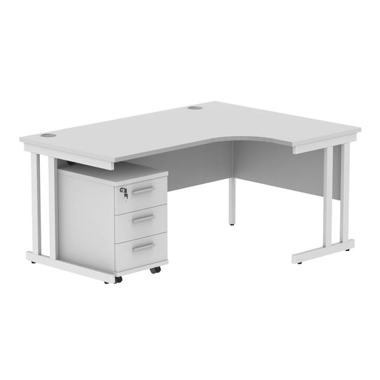 Double Upright Right Hand Radial Desk + 3 Drawer Mobile Under Desk Pedestal (FSC) | 1600X1200 | Arctic White/White