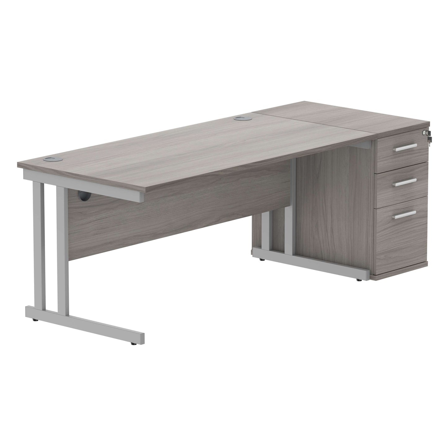 Double Upright Rectangular Desk + Desk High Pedestal (FSC) | 1600X800 | Alaskan Grey Oak/Silver