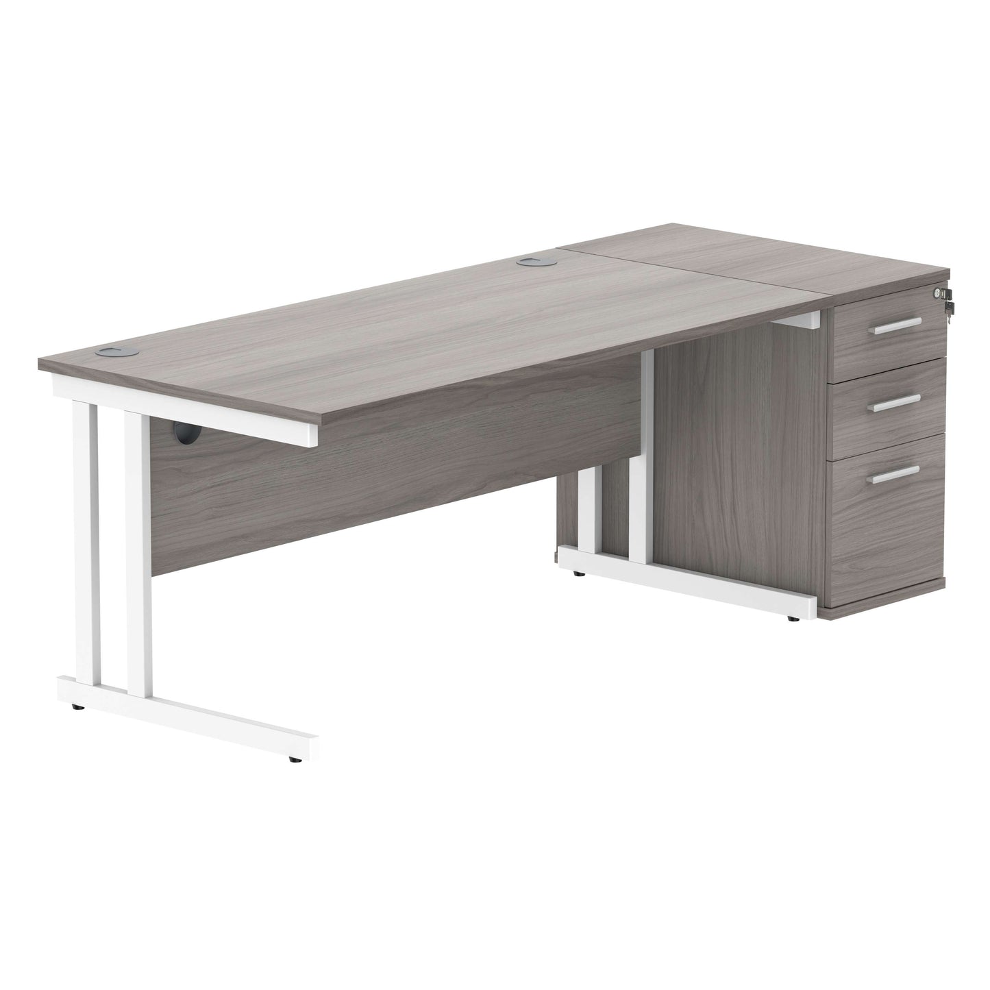 Double Upright Rectangular Desk + Desk High Pedestal (FSC) | 1600X800 | Alaskan Grey Oak/White