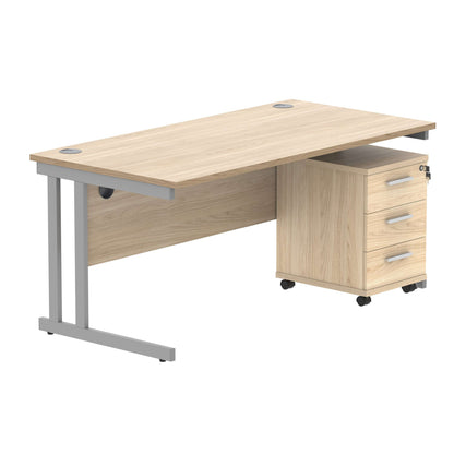 Double Upright Rectangular Desk + 3 Drawer Mobile Under Desk Pedestal (FSC) | 1600X800 | Canadian Oak/Silver