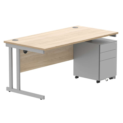 Double Upright Rectangular Desk + Under Desk Steel Pedestal 3 Drawers (FSC) | 1600X800 | Canadian Oak/Silver