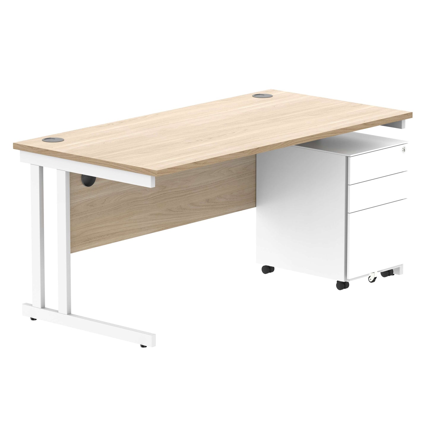 Double Upright Rectangular Desk + Under Desk Steel Pedestal 3 Drawers (FSC) | 1600X800 | Canadian Oak/White