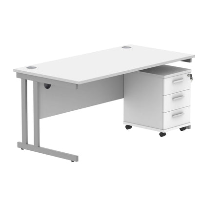 Double Upright Rectangular Desk + 3 Drawer Mobile Under Desk Pedestal (FSC) | 1600X800 | Arctic White/Silver