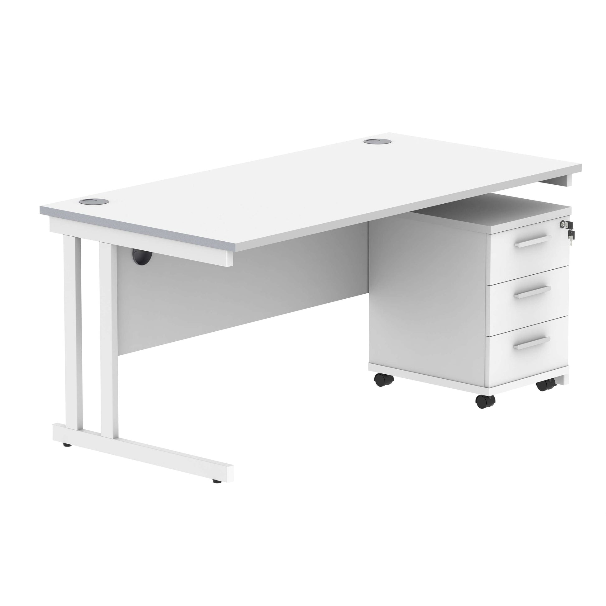 Double Upright Rectangular Desk + 3 Drawer Mobile Under Desk Pedestal (FSC) | 1600X800 | Arctic White/White