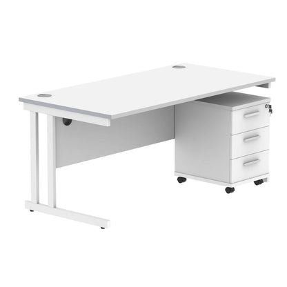 Double Upright Rectangular Desk + 3 Drawer Mobile Under Desk Pedestal (FSC) | 1600X800 | Arctic White/White