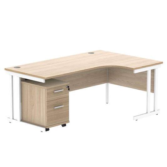 Double Upright Right Hand Radial Desk + 2 Drawer Mobile Under Desk Pedestal (FSC) | 1800X1200 | Canadian Oak/White