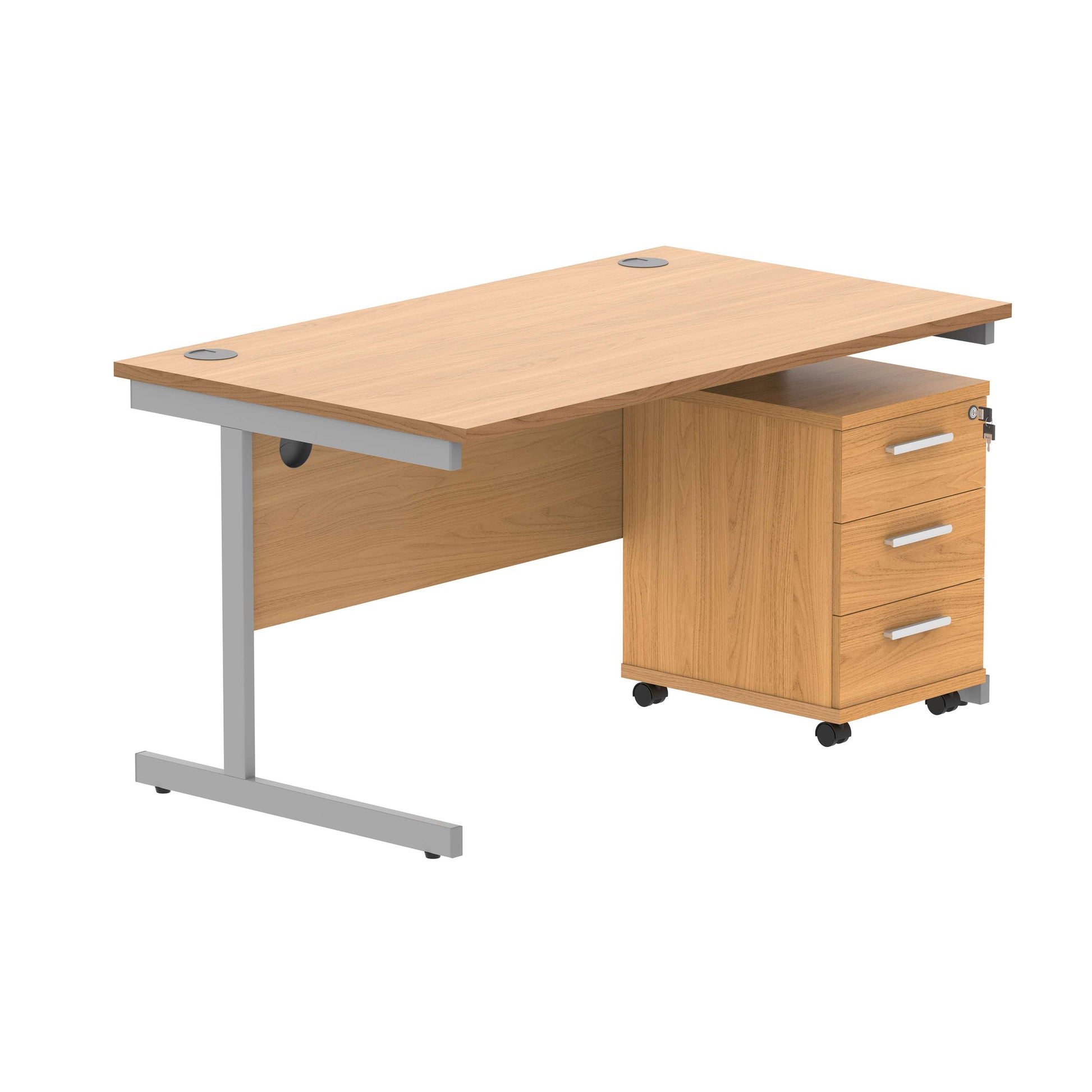 Single Upright Rectangular Desk + 3 Drawer Mobile Under Desk Pedestal (FSC) | 1400 X 800 | Norwegian Beech/Silver