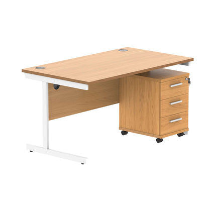 Single Upright Rectangular Desk + 3 Drawer Mobile Under Desk Pedestal (FSC) | 1400 X 800 | Norwegian Beech/White