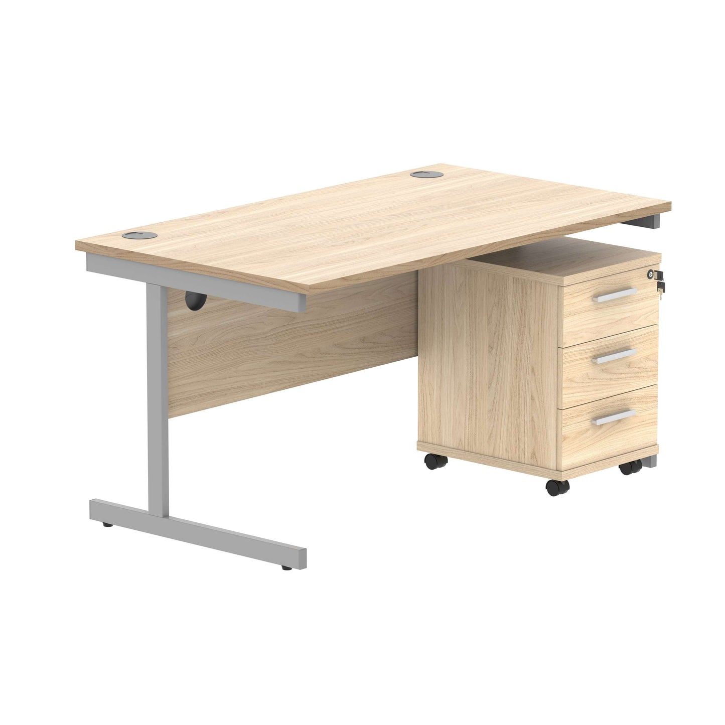 Single Upright Rectangular Desk + 3 Drawer Mobile Under Desk Pedestal (FSC) | 1400 X 800 | Canadian Oak/Silver