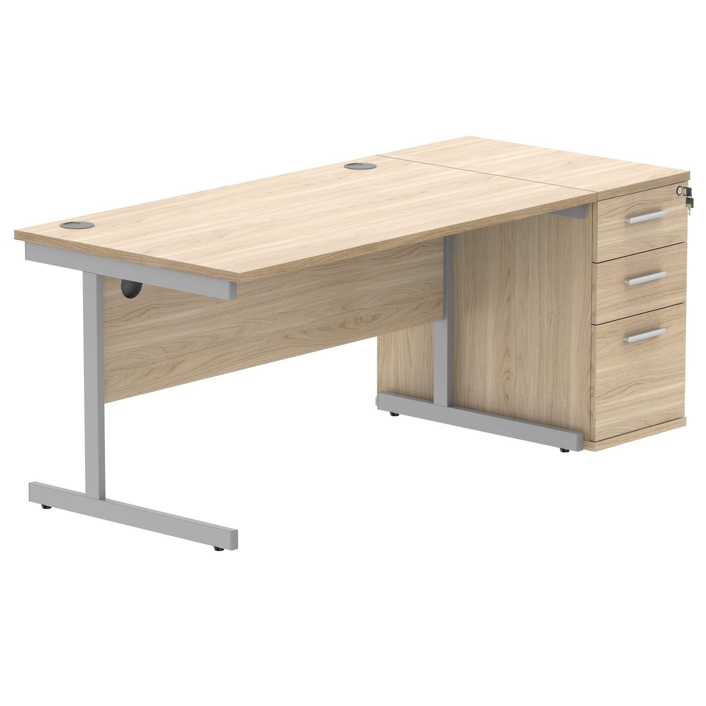 Single Upright Rectangular Desk + Desk High Pedestal (FSC) | 1400 X 800 | Canadian Oak/Silver