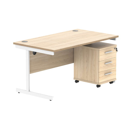 Single Upright Rectangular Desk + 3 Drawer Mobile Under Desk Pedestal (FSC) | 1400 X 800 | Canadian Oak/White