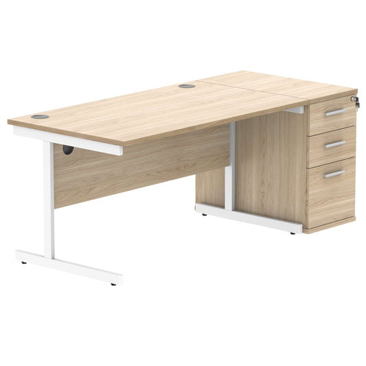 Single Upright Rectangular Desk + Desk High Pedestal (FSC) | 1400 X 800 | Canadian Oak/White