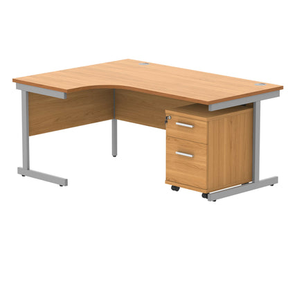 Single Upright Left Hand Radial Desk + 2 Drawer Mobile Under Desk Pedestal (FSC) | 1600 X 1200 | Norwegian Beech/Silver