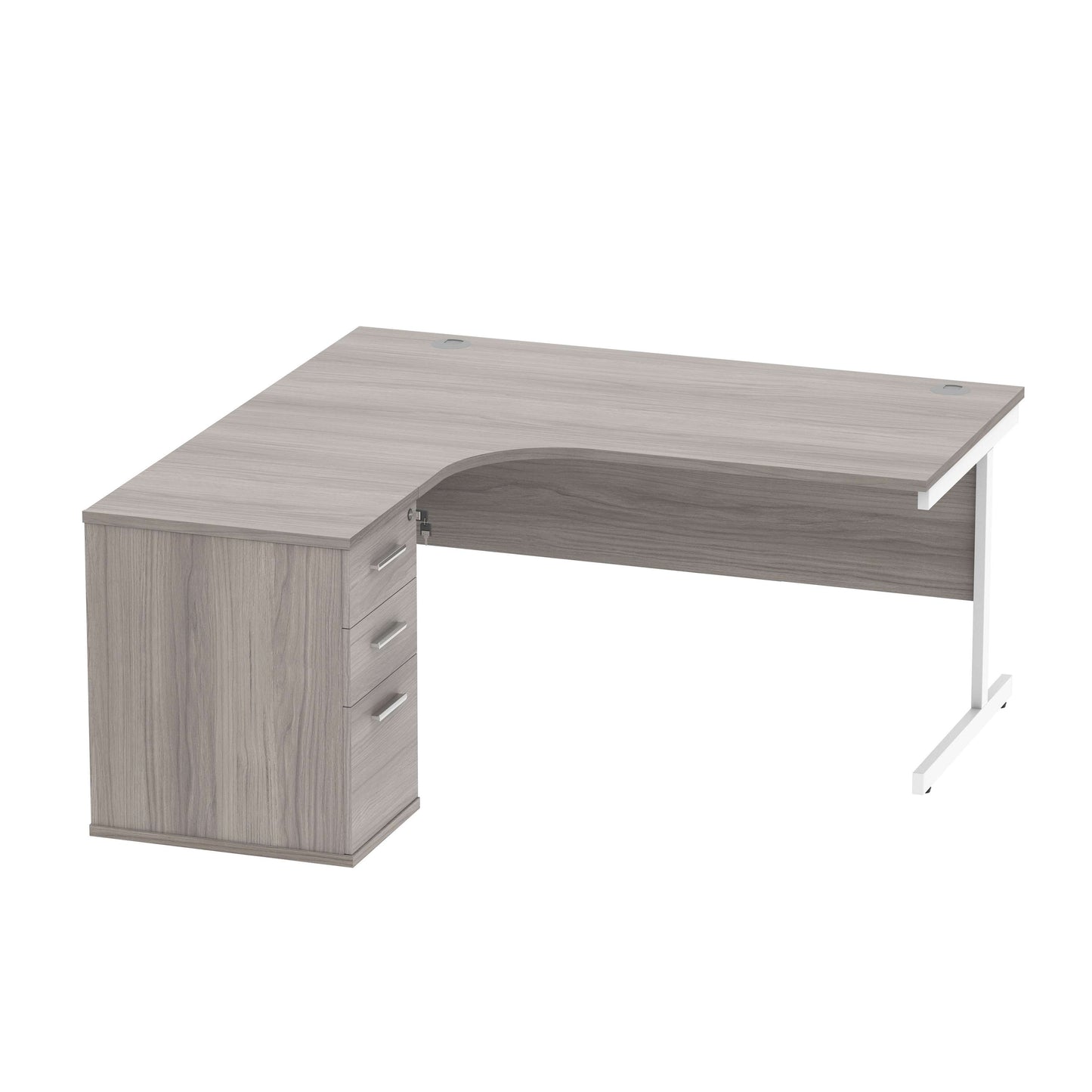 Single Upright Left Hand Radial Desk + Desk High Pedestal (FSC) | 600mm Deep Pedestal | 1600 X 1200 | Alaskan Grey Oak/Silver